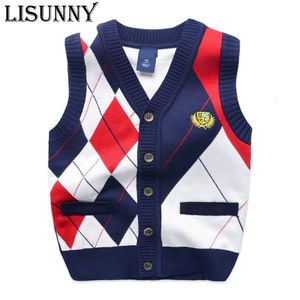 Pullover Autumn Spring Kids Boy Sweater Vest Children Clothing Plaid sömmar BABY BOLLOW TOPP POYS CARTAN VEST 230826