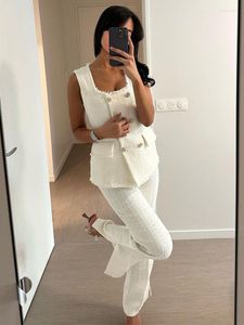 Women's Two Piece Pants Sets Womens 2 Frayed Trim Double Breasted Waistcoat And Straight Leg Office Elegant Textured Tweed White Women