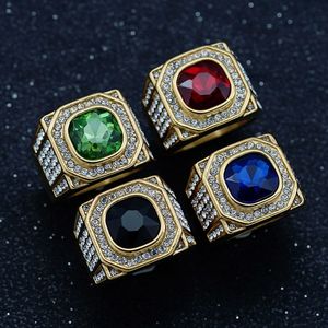 Bandringar Hip Hop Bling Iced Out Rostless Steel Geometric Square Rings for Men Rapper Jewelry Gold Silver Color Drop 230826