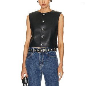 Women's Vests Women Vest 2023 Fall Y2k Single-breasted Round Neck Sleeveless Leather Jacket High Quality Fashion Versatile Undershirt Tops