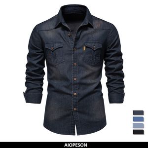 Herrklänningskjortor aiopeson elastisk bomull denim skjorta män långärmad kvalitet cowboy tröjor för män casual smala fit jeans män skjortor 230826