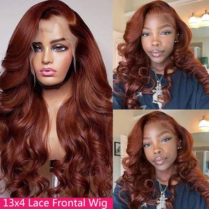 Rödd HD 13x6 Human Hair Brasilian Pre Plucked 13x4 Spets Front Wigs Dark Red Brown Body Wave 4x4 Stängning Wig