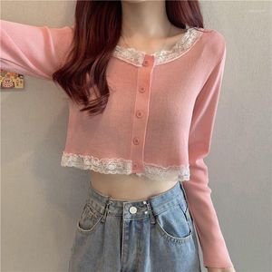 Women's Knits Lace Cardigans For Woman Single Breasted Tees Pink Tops Knitwears Long Sleeve T-shirt Female Casual Y2k Outerwear Crop Knit