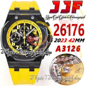 JJF 2617 Bumblebee A3126 Kronograf Otomatik Erkekler İzle 42mm Dövme Karbon Kılıf Siyah Dokulu Dial Sarı Kauçuk Kayış Süper Sürüm Sonsuzluk Bilek Gölgeleri