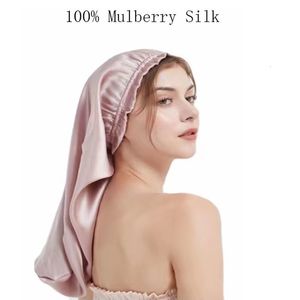 Beanie/Skull Caps 19 Momme High Quality Big Mulberry Silk Sleep Cap For Women Elastic Bonnet Hat Fashion Night Cap Hair Wrap Cap For Girl 230826