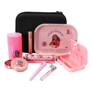 LADY HORNET Rosa Rauchtabak-Set, Kräutermühle, Zigarettenetui, Kunststoff-Vorratsglas, Metall-Rolltablett, Zubehör, Großhandel LL