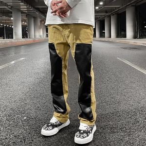 Men's Pants Color Block PU Leather Spliced Streetwear Mens Cargo Harajuku Straight Oversized Loose Casual Trousers 230826