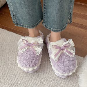 Bowknot Fluffy Lace Fashion Slippers Women Soft Thick Bottom Home Plush for Winter Non-Slip Warm Cotton-Padded Shoes Wom 0ecc