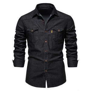 Herrklänningskjortor Spring denim skjorta män lång ärm kvalitet casual smal fit streetwear skjorta herr designer kläder cowboy skjortor för män 230826