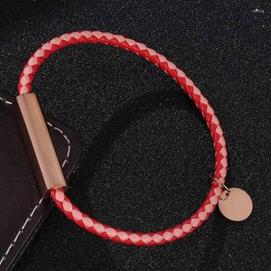 Charme Pulseiras Simples Jóias Vermelho Rosa Trançado Pulseira De Couro Mulheres Homens Aço Inoxidável Ímã Fivela Casais Bangles SP0716