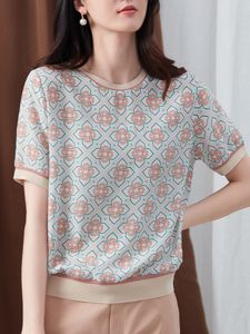 Women's T-Shirt Women's Jacquard Knitted T Shirt Summer Ice Silk Short Sleeve O Neck Pullover Tops Korean Oversized Loose Tshirt Femme 230826