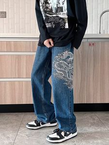 Herren-Jeans, amerikanische Streetwear, chinesischer Drache, bestickt, gerade, lockere Hosen, Y2k-Jeans, Männer und Frauen, Paare, lockere Freizeithosen, Softener 230827