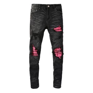 Men's Jeans EU Drip Denim Men's Black Distressed Moustache Slim Fit Damaged Holes Pink Ribs Patches Stretch Scratched Ripped Jeans 230827