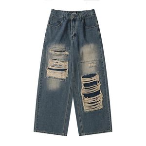 Jeans masculinos Y2K Baggy High Streetretro buraco reparação jeans homens e mulheres estilo americano high street solto em linha reta perna larga esfregando calças 230827