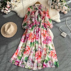 Grundläggande avslappnade klänningar Summer Kontrast Färgtryck Chiffon Bow Lace-up Long-Sleeve High midja Sweet Style Women's Dress Autumn New Dresses 2024