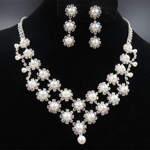 Romantic Pearl With Crystal Cheap Two Pieces Earrings Necklace Rhinestone Wedding Bridal Sets Jewelry Set