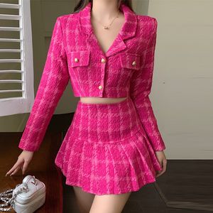 Two Piece Dress Spring Small Fragrance Vintage Tweed Two Piece Set Women Crop Top Short Small Blazer Mini A-Line Pleated Skirts 2 Piece Suits 230827