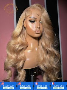 Miodowa blondynka w kolorze fali ciała koronkowa przednia ludzka peruka włosa kolor 27 wstępnie wyczerpany 13x6 HD przezroczyste koronkowe peruki frontalne dla kobiet