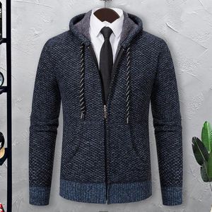 Suéter masculino com capuz jaqueta de malha suéter aconchegante cardigans com forro de pelúcia bolsos de carcela para outono casual outono inverno