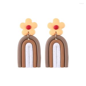 Dangle Earrings Coffee Brown White Yellow Flower Summer Polymer Clay 2023 Trend Arch Statement For Women