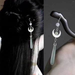 ヘアクリップレトロファッション木製スティックフォークムーンデザインヘアスティックペンダントジュエリーステップシェイクヘッドピース女性パンメーカー