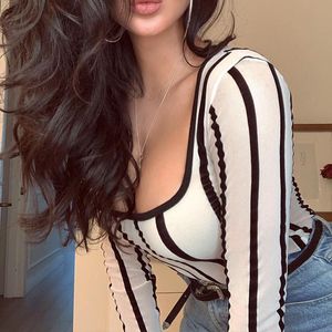 Women's Jumpsuits Rompers OMSJ High Street Mesh Sheer Sexy White Bodysuit Women Long Sleeve Striped Seethrough Bodycon Clubwear Outfits 230826