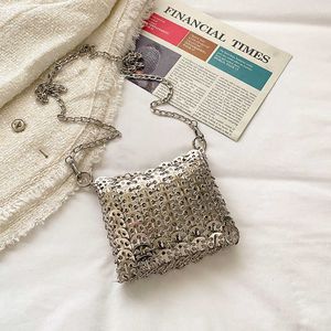 Netizens Same Style Sequin Bag Women's New Shiny Silver Metal Woven Splice Chain Shoulder Bag 230815