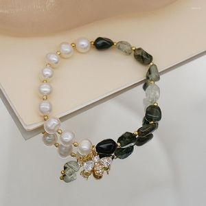 Charme pulseiras requintado vintage pérola pulseira com jade e cristal verde para mulheres ajustável corda elástica moda jóias fácil de