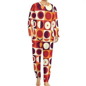 Herren-Nachtwäsche, Retro-Mod-Pyjama, täglicher orangefarbener 70er-Jahre-Druck, ästhetisch, männlich, 2-teilig, Grafik, lange Ärmel, niedliches Oversize-Set