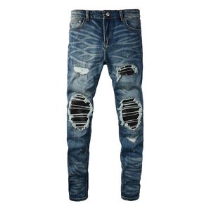 Mäns jeans Män blå nödställd mustasch EU DRIP RIBS PATCHES JEANS italienska dropp skadade hål Slim Fit Stretch Ripped Jeans 230827