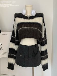 Women's Sweaters Y2K Cropped Black Sweater Korean Style Women Striped Jumper Vintage Female Autumn Long Sleeve Crewneck Pullovers Tops 230827