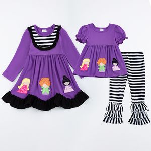 Family Matching Outfits Girlymax Halloween Fall Baby Girls Sibling Boutique Clothes Stripe Cotton Witch Embroidery Dress Ruffles Pants Set 230826