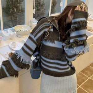 Light High Grade Heavy Sweater Industry Design Striped Contrast Color Tassel Short Slimming Top For Women Fashion