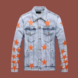 New Fashion Designer Denim Biker Jacket Man Leather Patches Applique Stretch Slim Fit Jean Wear