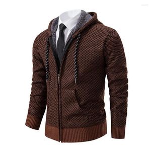 Camisolas masculinas Homens Zipper Placket Sweater Casaco Aconchegante Cardigans Com Capuz Com Bolsos De Forro De Pelúcia Para Casual