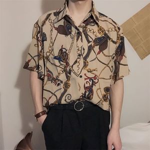 Camisas de vestido masculinas verão fino sedoso macio poliéster manga curta homens floral impressão camisa havaiana retro solta tendência moderna coreana 230826
