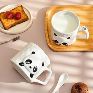 Mugs Cute Cartoon Panda Ceramic Mug Embossed Porcelain Cup Light Luxury Milk Breakfast Drinkware Student Drinking