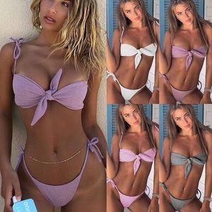 Costumi da bagno donna sexy Bowknot cinturino bikini in tinta unita scavato chiusura sul petto costumi da bagno divisi attrezzature per sport acquatici abbigliamento bikini da spiaggia sexy per le vacanze