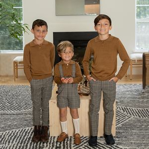 Aile Eşleşen Kıyafetler AP Boys Mix N Match Soygun Koleksiyon 2024 Sonbahar Çocuklar Üç Renk Kazak Polo Bebek Gerilmiş Ekose Pantolon ve Terhazlar 7703 230826