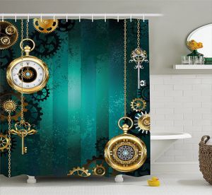 Tende da doccia Tenda da doccia industriale Oggetti antichi Orologi Chiavi e catene con influenze Steampunk Illustrazione Arredamento da bagno in tessuto 230826