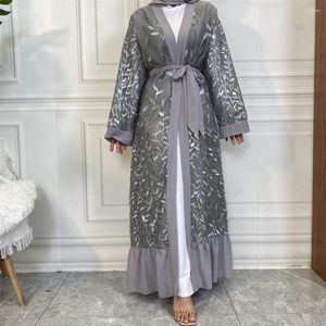 Ethnic Clothing Spring Party Dresses for Women Embroidery Long Sleeve Belted Lace Abayas Muslim Dubai Gowns Cardigan Morocco Evening