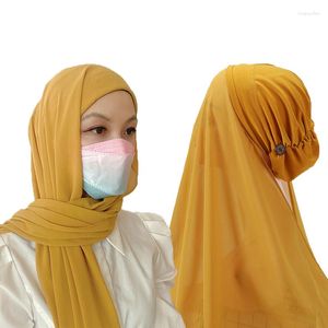 Roupas étnicas Amarelo Instant Hijabs Mulheres Bonnet com Chiffon Xaile Botões Fácil de Usar Máscaras Chapéu