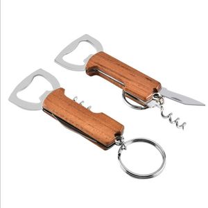 Openers Creative 3 in 1 Keychain Beer Bottle Opener Stainless Steel Multifunctional Wood Handle Screw Corkscrew Wine Kitchen Tool