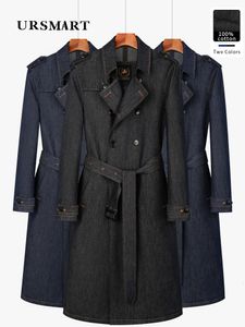 Мужские траншевые пальто хлопок бесцветный классический джинсовая ветряная ветка с двойной грудью длиной длины утолщенный внутренний бак теплый пальто 230826