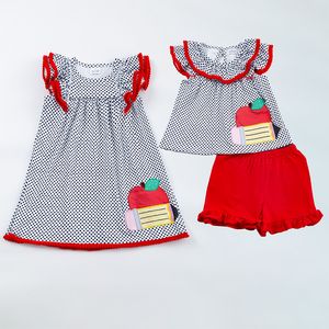 Family Matching Outfits Girlymax Back To School Summer Baby Girls Sibling Boutique Clothes Dots Pom pom Apple Embroidery Dress Shorts Set 230826