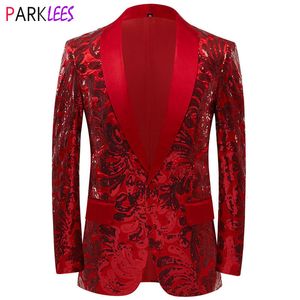 Men's Suits Blazers Shiny Red Sequins Blazer Floral Suit Jacket One Button Shawl Lapel Tuxedo Party Wedding Banquet Prom Costume Homme 230826