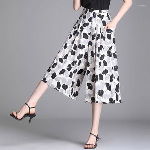 Calças femininas 2023 verão moda solta perna larga feminina cintura alta fina impressa senhoras casual chiffon calças e64