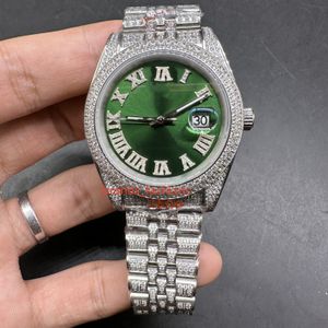 Men's Ice Diamond Watch Silver Case Roman Diamond Digital Scale 41mm Silver Stainless Steel Diamond Band Automatic Mechanical Watch Green Face