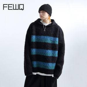 Men's Hoodies Sweatshirts FEWQ Stripe Wool Blended Hooded Sweater 2023 Striped With Hat Casual Male Tops Korean Fashion Autumn Winter 24X1395 230826