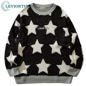 Erkek Sweaters Erkek Knited Sweaters Beş Noktalı Yıldız Nakış Harajuku Sıradan Kazak Jumbers Street Giyim Sonbahar Hip Hop gevşek Y2K Giyim 230827